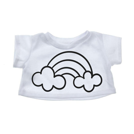 A white t-shirt with a simple black graphic design depicting a rainbow and clouds.