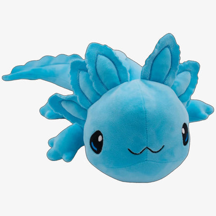 A plush toy of an axolotl, a type of salamander, is shown in the image.