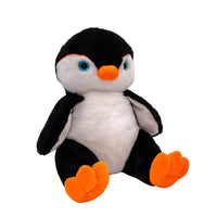 A stuffed penguin toy with black and white body, orange beak, and feet.