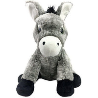 A gray and white stuffed donkey toy with black legs and hooves.