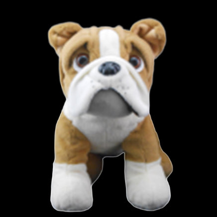 A stuffed toy dog with a brown and white color pattern and a sad expression.