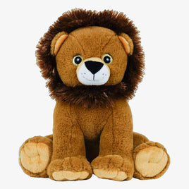 A brown plush toy lion with a fluffy mane and big eyes sits on its hind legs against a white background.