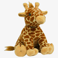 A stuffed giraffe toy sitting on the ground.