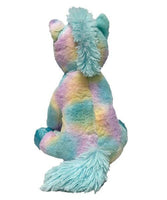 A plush toy of a unicorn with a multicolored mane and tail, sitting against a white background.