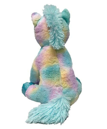 A plush toy of a unicorn with a multicolored mane and tail, sitting against a white background.