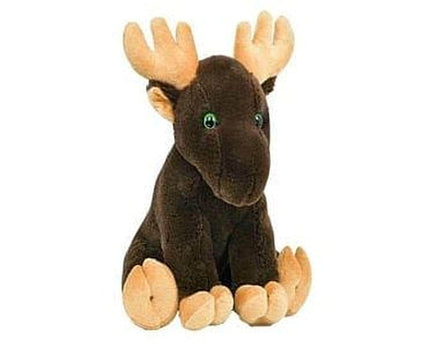 A plush toy of a moose with large antlers and green eyes.