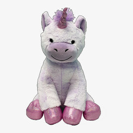 A plush toy of a unicorn with a pink horn and feet, sitting on a white background.
