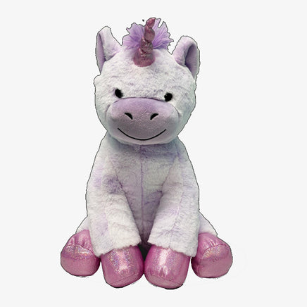 A plush toy of a unicorn with a pink horn and feet, sitting on a white background.