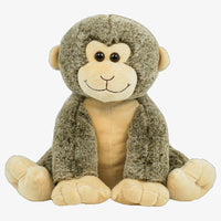 A stuffed monkey toy with a beige and brown color scheme sits on a white background.