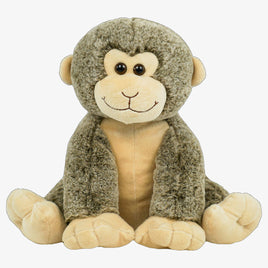 A stuffed monkey toy with a beige and brown color scheme sits on a white background.