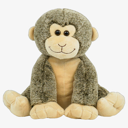 A stuffed monkey toy with a beige and brown color scheme sits on a white background.