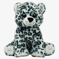 A plush toy of a snow leopard sitting on its hind legs.