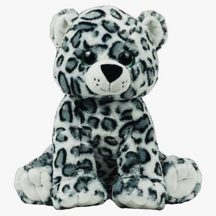 A plush toy of a snow leopard sitting on its hind legs.