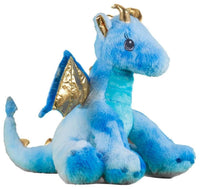 A blue plush dragon toy with gold accents, sitting on a white background.