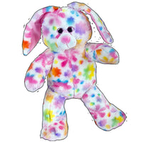 A colorful, multicolored stuffed rabbit toy with a patterned fur design.