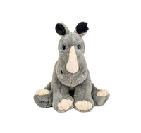 A plush toy of a rhinoceros sitting on a white background.
