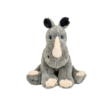 A plush toy of a rhinoceros sitting on a white background.