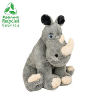 A plush toy of a rhinoceros sitting on a white background.