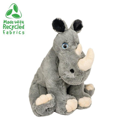 A plush toy of a rhinoceros sitting on a white background.