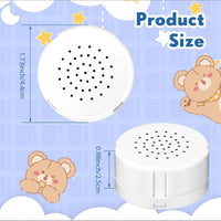 The image is a product size diagram for a white speaker with a circular design and a speaker with a circular design. The speaker has a diameter of 1.73 inches and a height of 0.96 inches. The image also includes a cartoon image of a bear and a bear with a yellow star on its head.