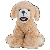 A stuffed dog toy with a smiling expression.