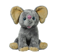 A gray stuffed elephant toy with large ears and a pink nose sits on a white background.