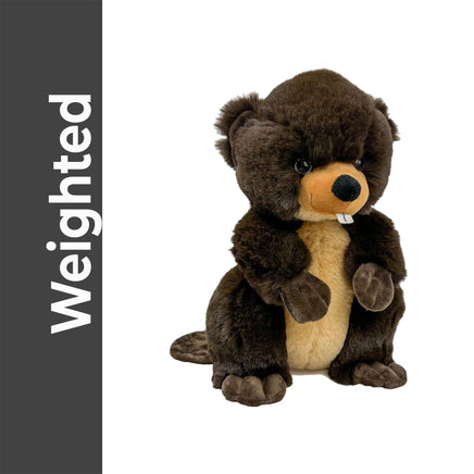 A plush toy of a beaver, with a brown and tan color scheme, is sitting on its hind legs against a white background.
