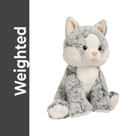 A gray and white stuffed cat toy is sitting on a white background.