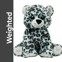 A stuffed toy leopard bear with a spotted pattern and large eyes, sitting on a white background.
