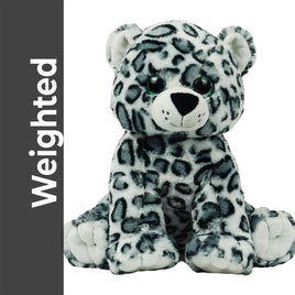 A stuffed toy leopard bear with a spotted pattern and large eyes, sitting on a white background.