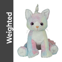 A plush toy cat with a unicorn horn, sitting on a white background.