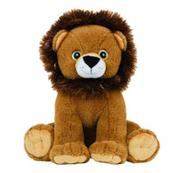 A brown plush toy lion with a fluffy mane and big, expressive eyes sits on its hind legs against a white background.