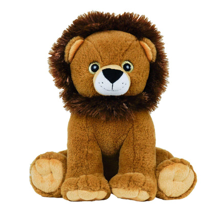 A brown plush toy lion with a fluffy mane and big, expressive eyes sits on its hind legs against a white background.