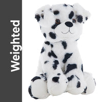 A stuffed dog toy with a spotted pattern, sitting on its hind legs against a white background.
