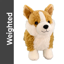 A stuffed toy dog with a fluffy white chest and tan body, standing upright and looking directly at the camera.