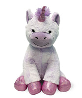 A plush toy of a unicorn with pink and purple accents, sitting on a white background.