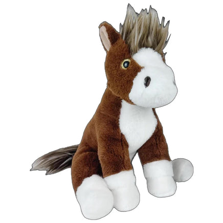 A brown and white stuffed horse toy with a large, fluffy mane and a small, round eye.