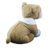 A brown stuffed dog toy is sitting on a white background.