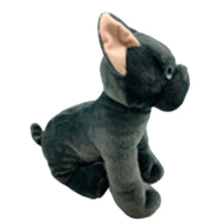 A plush toy of a dog, specifically a black French Bulldog, is shown in the image.