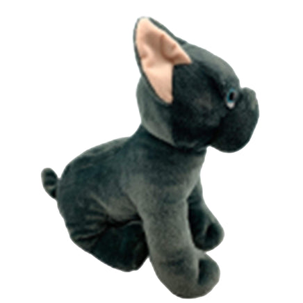 A plush toy of a dog, specifically a black French Bulldog, is shown in the image.