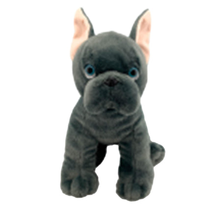 A plush toy of a black dog with large ears and blue eyes.