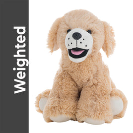 A stuffed dog toy with a friendly expression, sitting on a white background.
