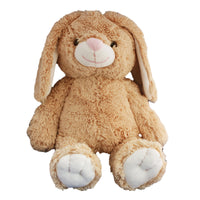 A brown stuffed bunny toy with white paws and ears.