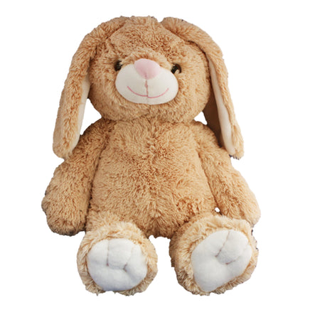 A brown stuffed bunny toy with white paws and ears.