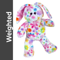A colorful, multicolored stuffed rabbit toy is shown in the image.