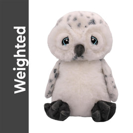 A plush toy of an owl with large blue eyes and a gray beak, sitting on a white background.