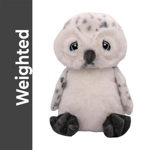 A plush toy of an owl with large blue eyes and a gray beak, sitting on a white background.