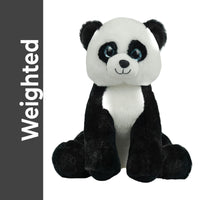 A stuffed panda bear toy with large blue eyes and a black and white color scheme.
