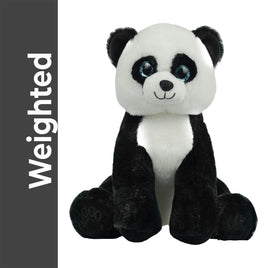 A stuffed panda bear toy with large blue eyes and a black and white color scheme.