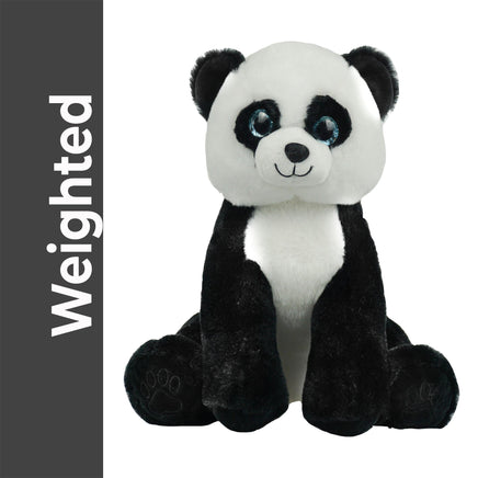A stuffed panda bear toy with large blue eyes and a black and white color scheme.
